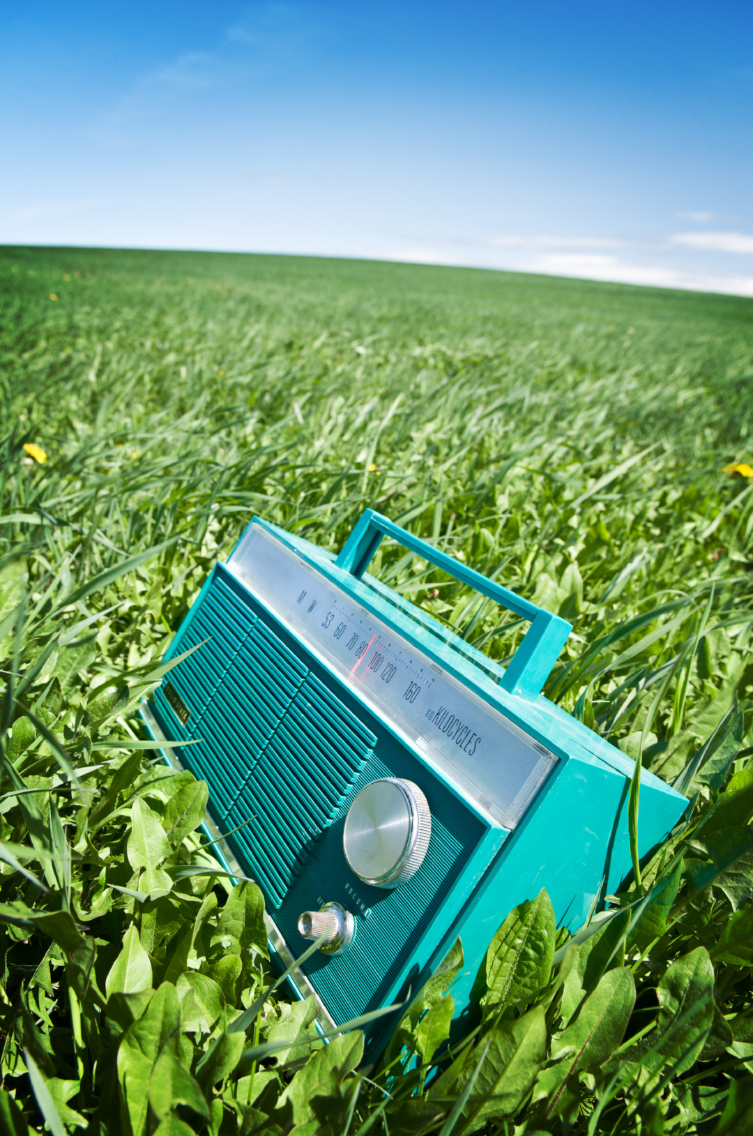 Une radio posée dans l'herbe pour illustrer l'accompagnement de l'agence Mediagenic pour la planification de vos campagnes à la radio